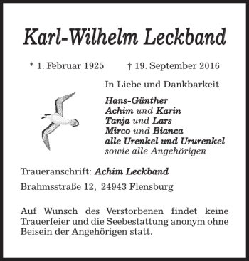 Traueranzeige von Karl-Wilhelm Leckband von Flensburger Tageblatt