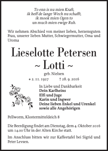 Traueranzeige von Lieselotte Petersen Lotti von Husumer Nachrichten