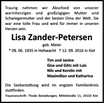 Traueranzeige von Lisa Zander-Petersen von Eckernförder Zeitung