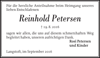 Traueranzeige von Reinhold Petersen von Husumer Nachrichten