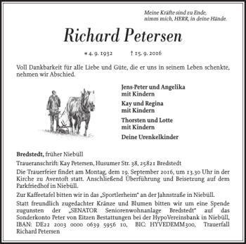 Traueranzeige von Richard Petersen von Nordfriesland Tageblatt