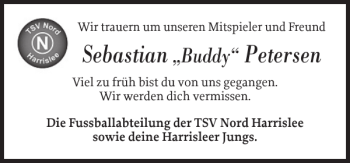 Traueranzeige von Sebastian Petersen von Flensburger Tageblatt