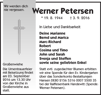 Traueranzeige von Werner Petersen von Flensburger Tageblatt
