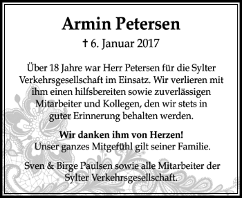 Traueranzeige von Armin Petersen von Sylter Rundschau