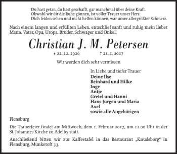 Traueranzeige von Christian J. M. Petersen von Flensburger Tageblatt