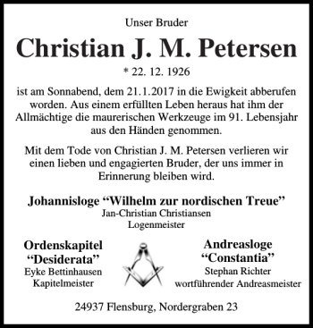 Traueranzeige von Christian J. M. Petersen von Flensburger Tageblatt