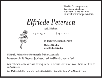 Traueranzeige von Elfriede Petersen von Nordfriesland Tageblatt