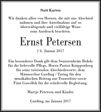 Traueranzeige von Ernst Petersen von Husumer Nachrichten