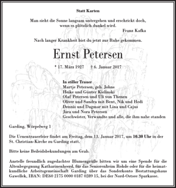 Traueranzeige von Ernst Petersen von Husumer Nachrichten