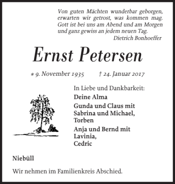 Traueranzeige von Ernst Petersen von Nordfriesland Tageblatt