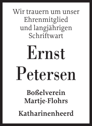 Traueranzeige von Ernst Petersen von Husumer Nachrichten