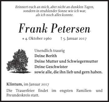 Traueranzeige von Frank Petersen von Nordfriesland Tageblatt