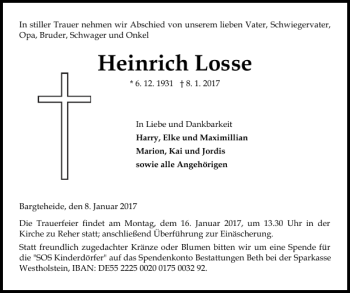 Traueranzeige von Heinrich Losse von Norddeutsche Rundschau