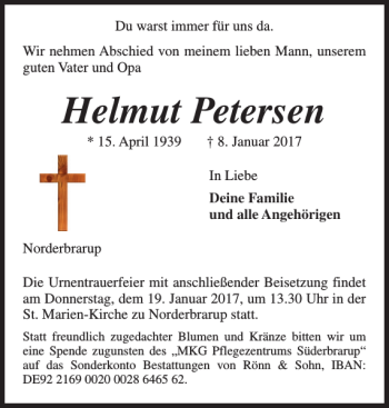 Traueranzeige von Helmut Petersen von Schleswiger Nachrichten