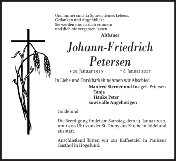 Traueranzeige von Johann-Friedrich Petersen von Flensburger Tageblatt