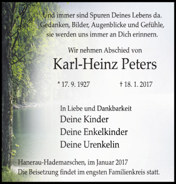 Traueranzeige von Karl-Heinz Peters von Landeszeitung