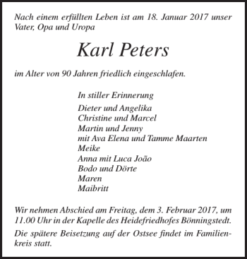 Traueranzeige von Karl Peters von Pinneberger Tageblatt