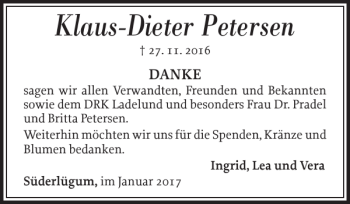 Traueranzeige von Klaus-Dieter Petersen von Nordfriesland Tageblatt
