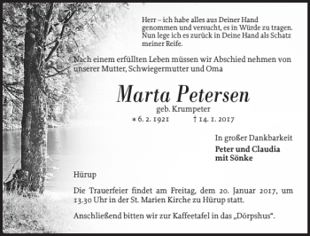 Traueranzeige von Marta Petersen von Flensburger Tageblatt