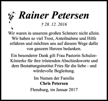 Traueranzeige von Rainer Petersen von Flensburger Tageblatt