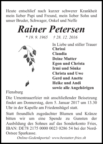 Traueranzeige von Rainer Petersen von Flensburger Tageblatt