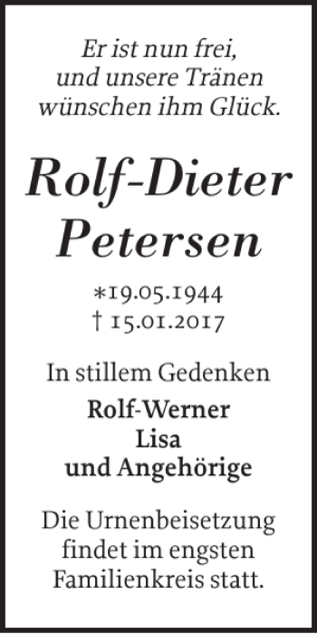 Traueranzeige von Rolf-Dieter Petersen von Eckernförder Zeitung