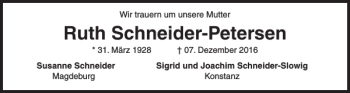 Traueranzeige von Ruth Schneider-Petersen von Flensburger Tageblatt