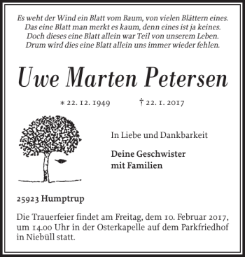 Traueranzeige von Uwe Marten Petersen von Nordfriesland Tageblatt