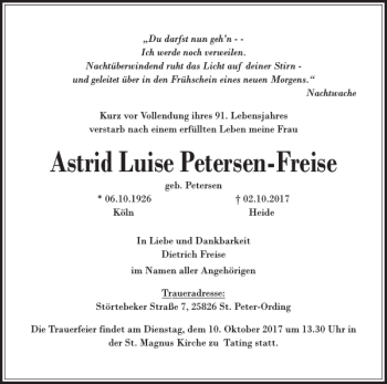 Traueranzeige von Astrid Luise Petersen-Freise von Husumer Nachrichten