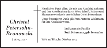 Traueranzeige von Christel Petersohn-Bronowski von Der Insel-Bote