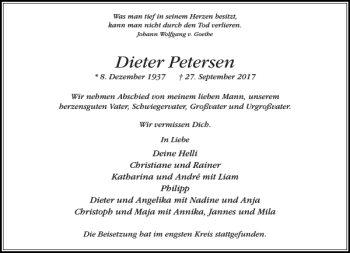 Traueranzeige von Dieter Petersen von Stormarner Tageblatt