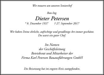 Traueranzeige von Dieter Petersen von Stormarner Tageblatt