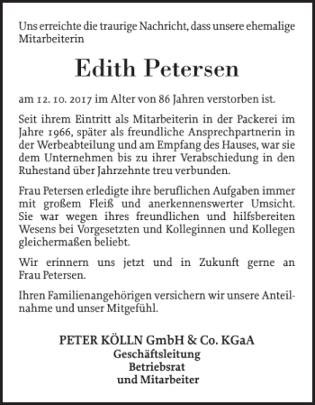 Traueranzeige von Edith Petersen von Elmshorner Nachrichten