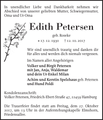 Traueranzeige von Edith Petersen von Elmshorner Nachrichten