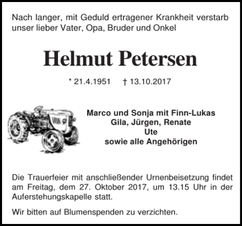 Traueranzeige von Helmut Petersen von Holsteinischer Courier