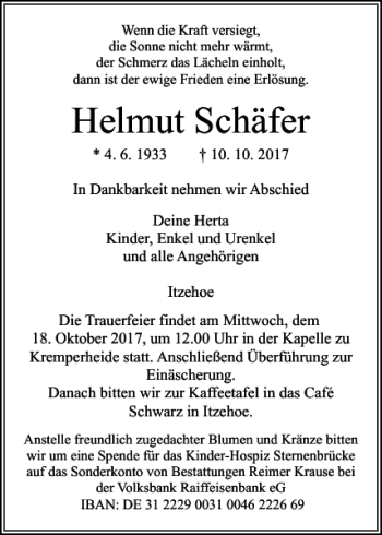 Traueranzeige von Helmut Schäfer von Norddeutsche Rundschau