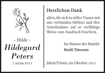 Traueranzeige von Hildegard Peters von Schleswiger Nachrichten