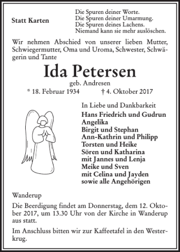 Traueranzeige von Ida Petersen von Flensburger Tageblatt