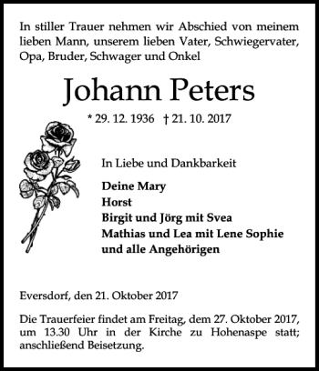 Traueranzeige von Johann Peters von Norddeutsche Rundschau