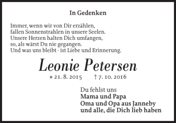 Traueranzeige von Leonie Petersen von Flensburger Tageblatt