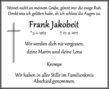 Traueranzeige von Maren und Lena Krempe haben im  von Norddeutsche Rundschau