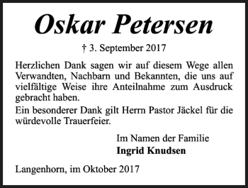 Traueranzeige von Oskar Petersen von Husumer Nachrichten