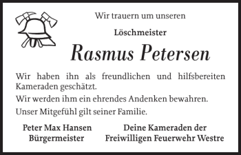 Traueranzeige von Rasmus Petersen von Nordfriesland Tageblatt