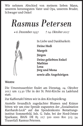 Traueranzeige von Rasmus Petersen von Nordfriesland Tageblatt