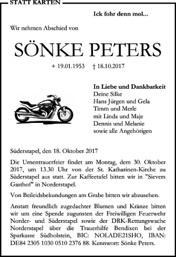Traueranzeige von SÖNKE PETERS von Husumer Nachrichten