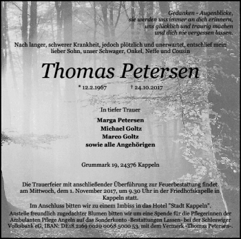 Traueranzeige von Thomas Petersen von Schlei-Bote