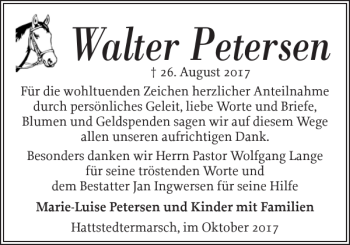 Traueranzeige von Walter Petersen von Husumer Nachrichten