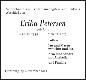 Traueranzeige von Erika Petersen von Flensburger Tageblatt