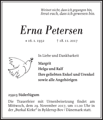 Traueranzeige von Erna Petersen von Nordfriesland Tageblatt