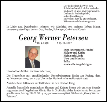 Traueranzeige von Georg Werner Petersen von Flensburger Tageblatt